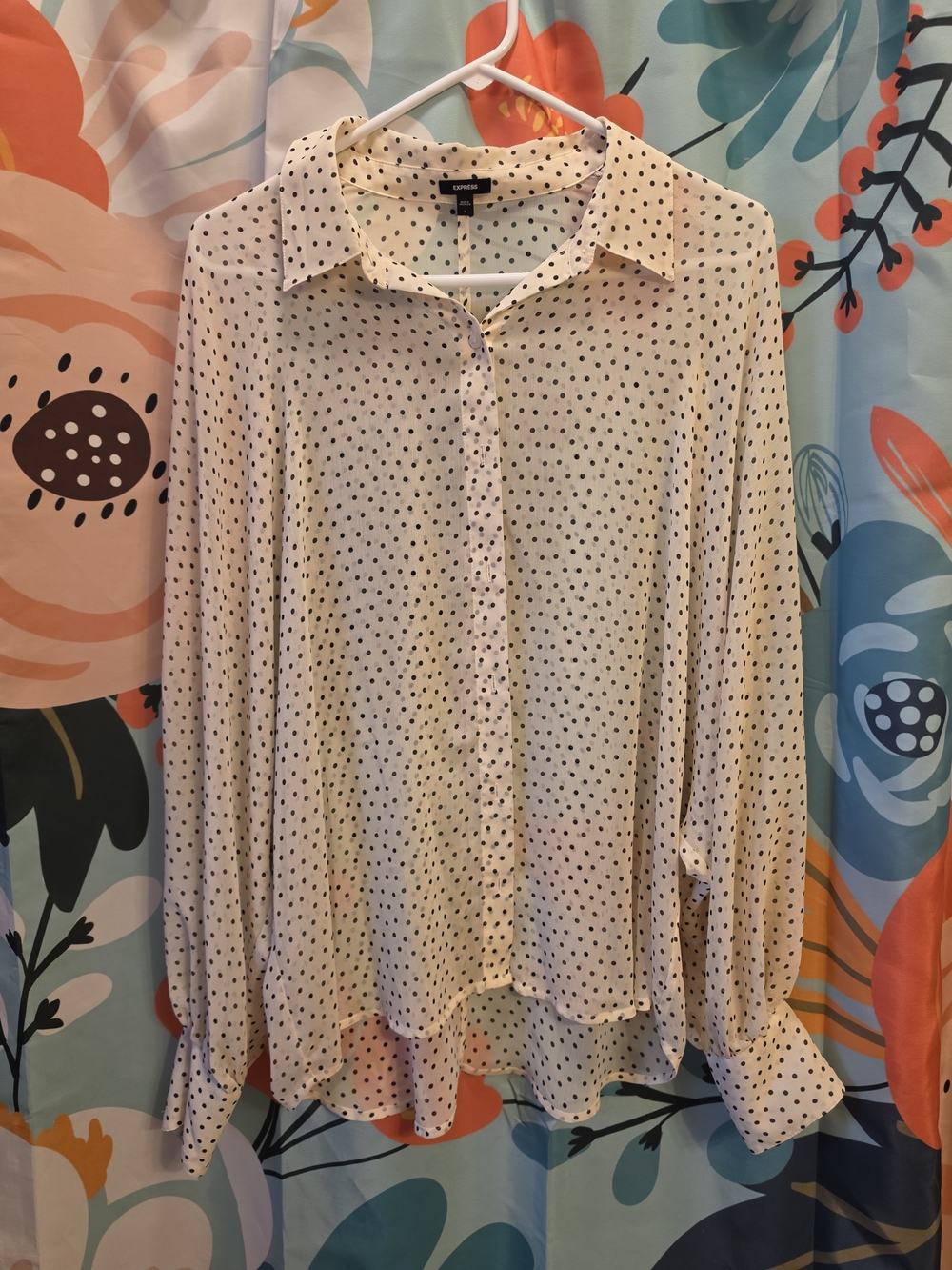 Express Cream Button-Down Blouse with Navy Polka Dots